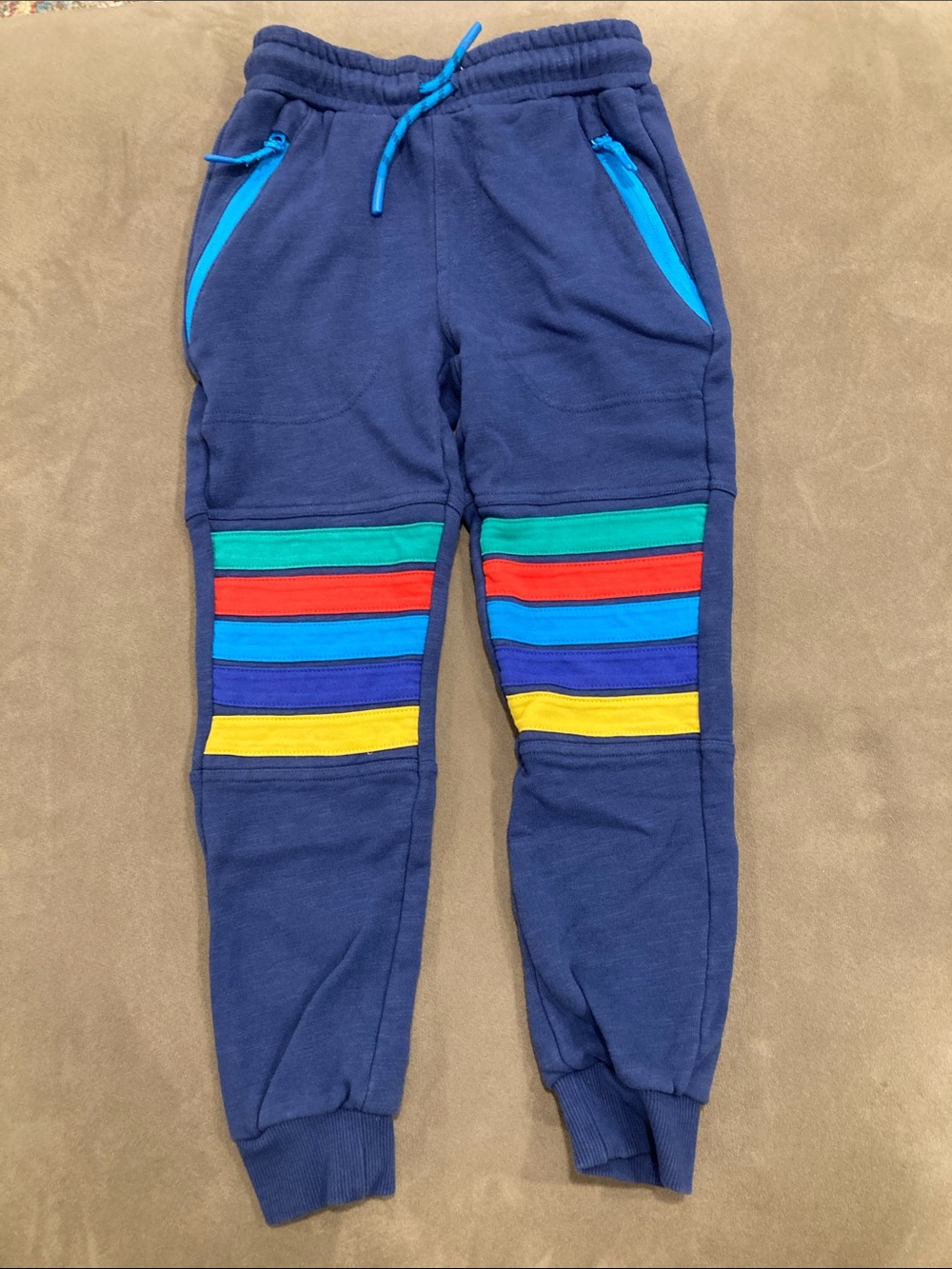 Mini Boden Navy Sweatpants with Bright Multicolor Knee Stripes